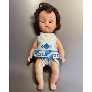 Vintage 1960s MCM Baby Doll Brown Hair Sleep Eyes Vinyl Plastic TLC